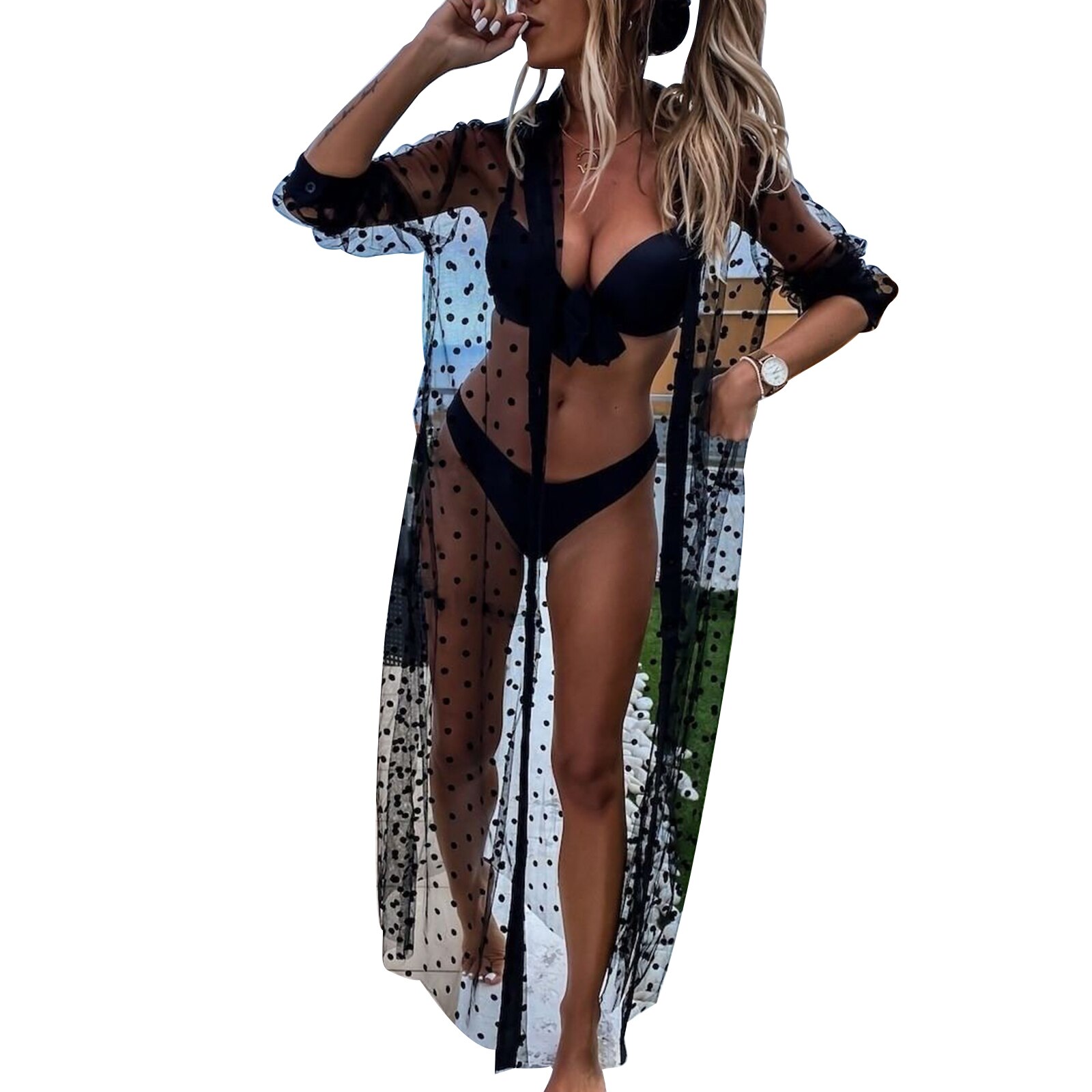 Manteau Plage Pois Femmes Manches Longues Revers Maille – Image 4
