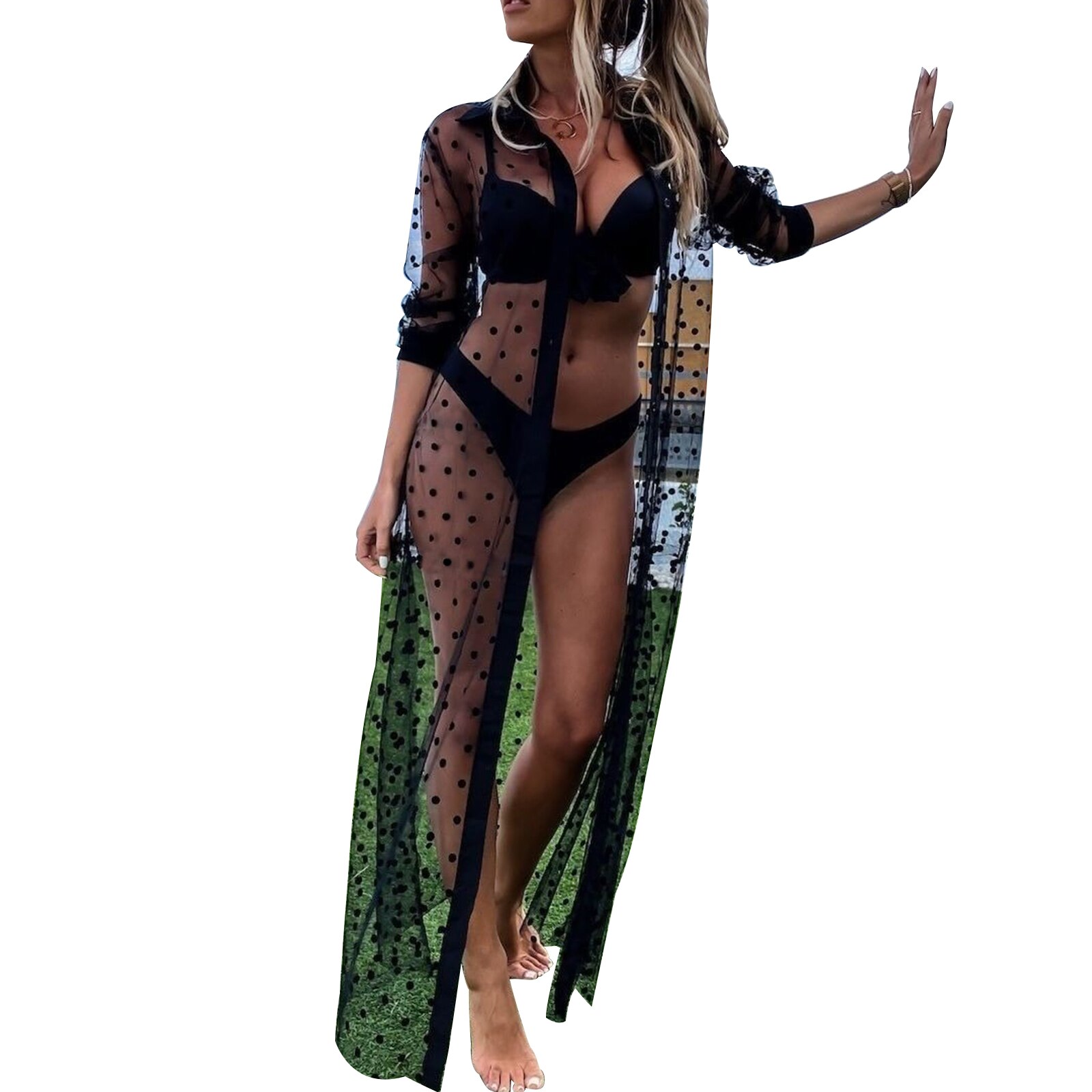 Manteau Plage Pois Femmes Manches Longues Revers Maille – Image 5