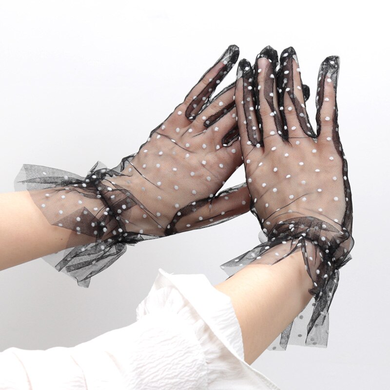 Mitaines Courtes Dentelle Transparente Femme Motifs Pois Blanc – Image 3