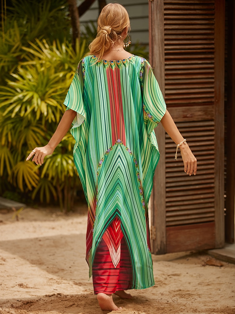Robe Maxi Col V Femme Bohème Plage Motifs Pois – Image 4
