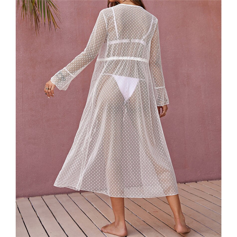 Longue Blouse Plage Blanche Sexy Volants Motifs Pois Femme – Image 2
