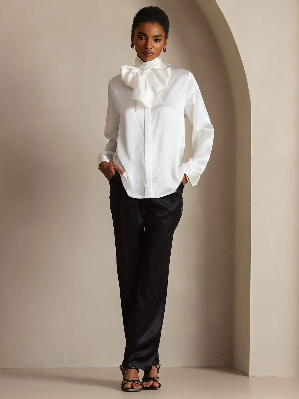 19 Momme Chemise En Soie À Noeud À La Mode – Image 7